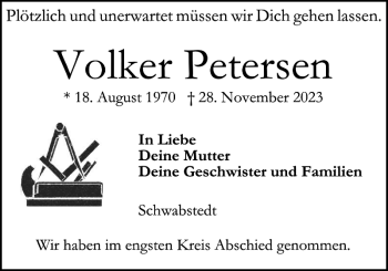 Traueranzeige von Volker Petersen von Husumer Nachrichten