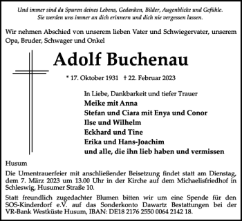 Traueranzeige von Adolf Buchenau von Husumer Nachrichten