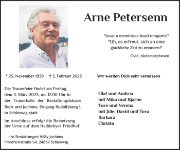Traueranzeige von Arne Petersenn von Schleswiger Nachrichten