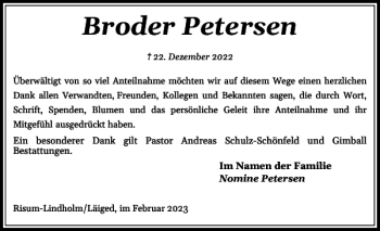 Traueranzeige von Broder Petersen von Nordfriesland Tageblatt