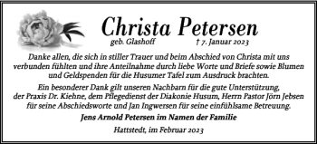 Traueranzeige von Christa Petersen von Husumer Nachrichten