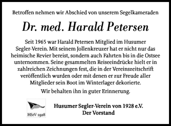 Traueranzeige von Dr. med. Harald Petersen von Husumer Nachrichten