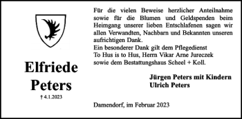 Traueranzeige von Elfriede Peters von Eckernförder Zeitung