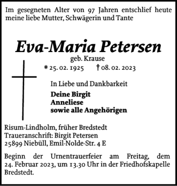 Traueranzeige von Eva-Maria Petersen von Husumer Nachrichten