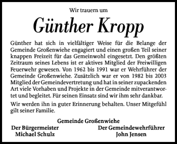 Traueranzeige von Günther Kropp von Flensburger Tageblatt