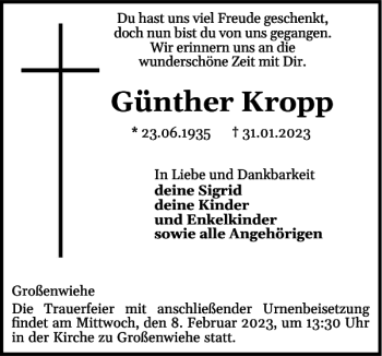 Traueranzeige von Günther Kropp von Flensburger Tageblatt