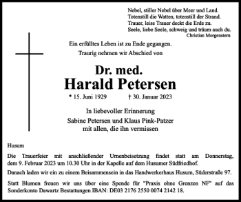Traueranzeige von Harald Petersen von Husumer Nachrichten