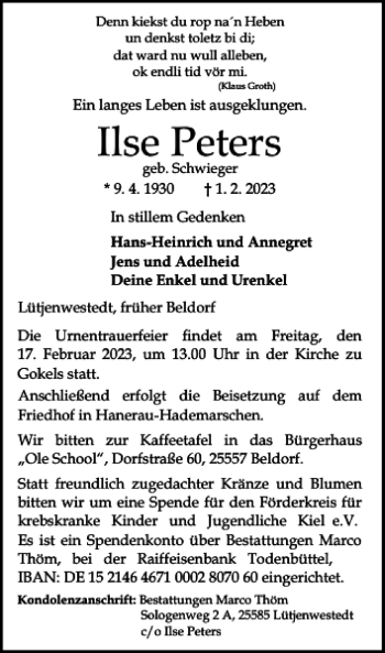 Traueranzeige von Ilse Peters von Landeszeitung