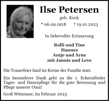 Traueranzeige von Ilse Petersen von Eckernförder Zeitung