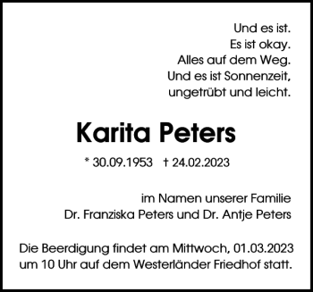 Traueranzeige von Karita Peters von Sylter Rundschau