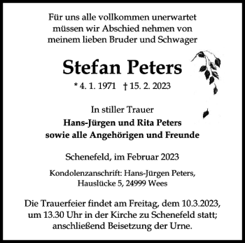 Traueranzeige von Stefan Peters von Norddeutsche Rundschau