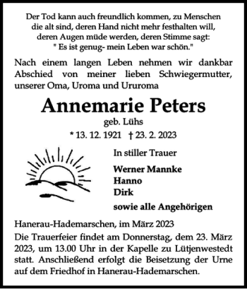 Traueranzeige von Annemarie Peters von Landeszeitung
