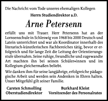 Traueranzeige von Arne Petersenn von Schleswiger Nachrichten
