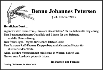 Traueranzeige von Benno Johannes Petersen von Husumer Nachrichten