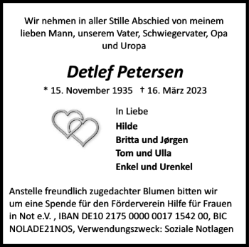 Traueranzeige von Detlef Petersen von Flensburger Tageblatt