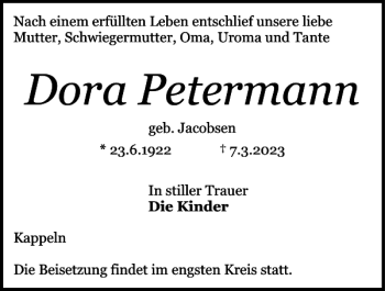 Traueranzeige von Dora Petermann von Schlei-Bote