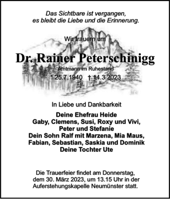 Traueranzeige von Dr. Rainer Peterschinigg von Holsteinischer Courier