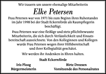 Traueranzeige von Elke Petersen von Eckernförder Zeitung