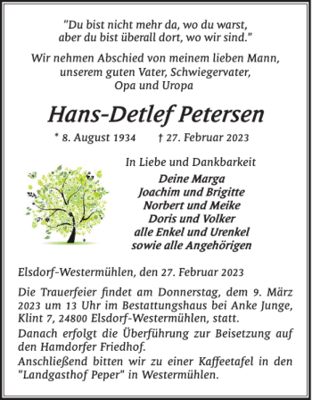 Traueranzeige von Hans-Detlef Petersen von Landeszeitung