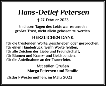 Traueranzeige von Hans-Detlef Petersen von Landeszeitung