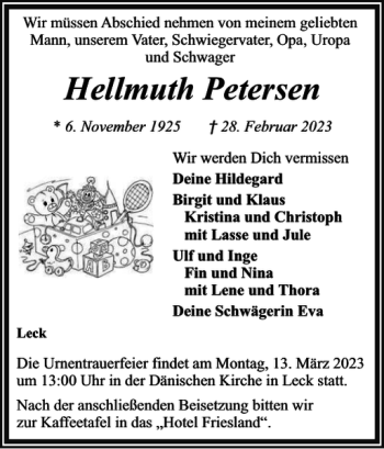 Traueranzeige von Hellmuth Petersen von Nordfriesland Tageblatt