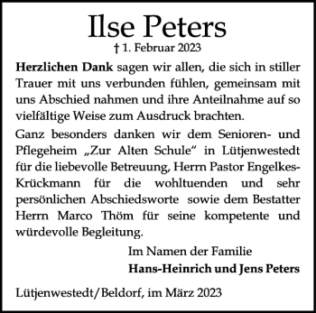 Traueranzeige von Ilse Peters von Landeszeitung