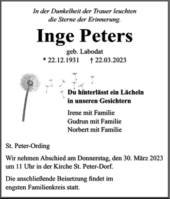 Traueranzeige von Inge Peters von Husumer Nachrichten