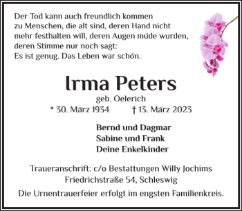 Traueranzeige von Irma Peters von Schleswiger Nachrichten