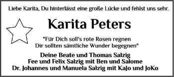 Traueranzeige von Karita Peters von Sylter Rundschau
