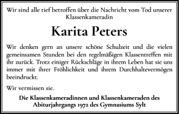 Traueranzeige von Karita Peters von Sylter Rundschau