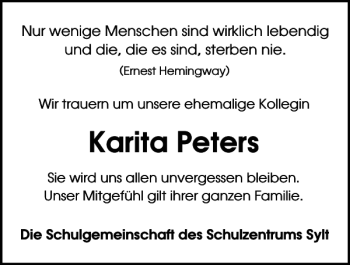 Traueranzeige von Karita Peters von Sylter Rundschau