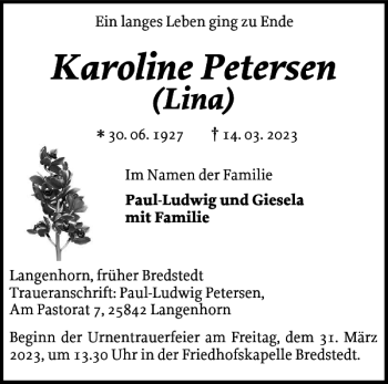 Traueranzeige von Karoline Petersen von Husumer Nachrichten