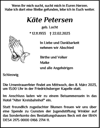 Traueranzeige von Käte Petersen von Schleswiger Nachrichten