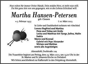 Traueranzeige von Martha Hansen-Petersen von Husumer Nachrichten