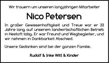 Traueranzeige von Nico Petersen von Flensburger Tageblatt
