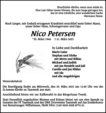 Traueranzeige von Nico Petersen von Flensburger Tageblatt