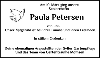 Traueranzeige von Paula Petersen von Nordfriesland Tageblatt