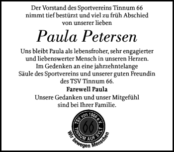 Traueranzeige von Paula Petersen von Sylter Rundschau