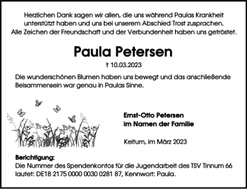 Traueranzeige von Paula Petersen von Sylter Rundschau