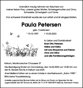 Traueranzeige von Paula Petersen von Sylter Rundschau