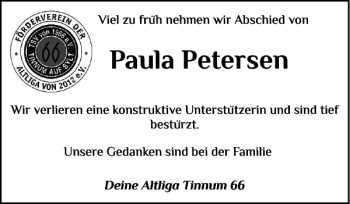 Traueranzeige von Paula Petersen von Sylter Rundschau