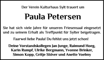 Traueranzeige von Paula Petersen von Sylter Rundschau