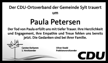 Traueranzeige von Paula Petersen von Sylter Rundschau