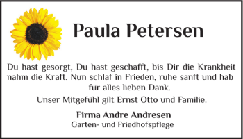 Traueranzeige von Paula Petersen von Sylter Rundschau