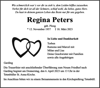 Traueranzeige von Regina Peters von Husumer Nachrichten