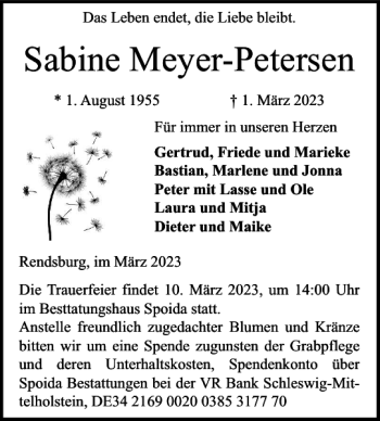 Traueranzeige von Sabine Meyer-Petersen von Landeszeitung
