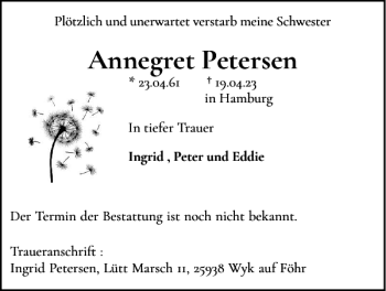 Traueranzeige von Annegret Petersen von Der Insel-Bote