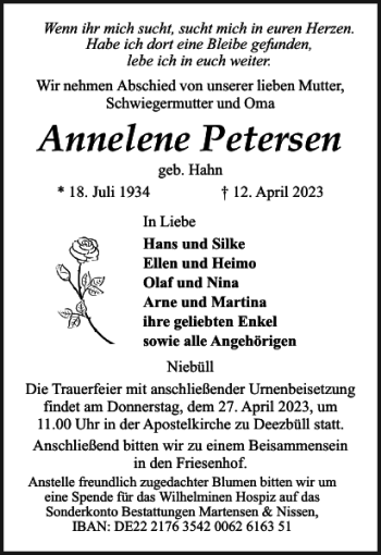 Traueranzeige von Annelene Petersen von Nordfriesland Tageblatt
