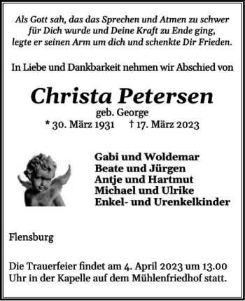 Traueranzeige von Christa Petersen von Flensburger Tageblatt
