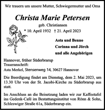 Traueranzeige von Christa Marie Petersen von Flensburger Tageblatt